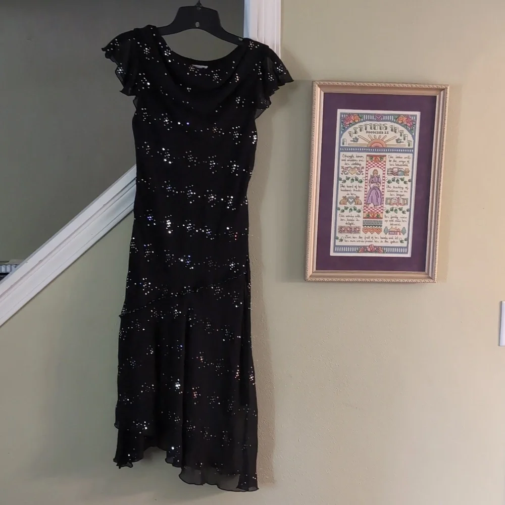Disorderly Kids Elegant Black Sequin Beaded Asymmetrical Black Dress 14